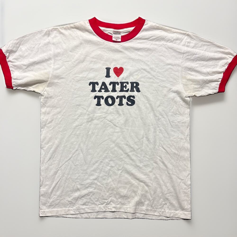 Vintage White Short Sleeve T-Shirt, I Love Tater Tots, White W Red Ringer, Sz M